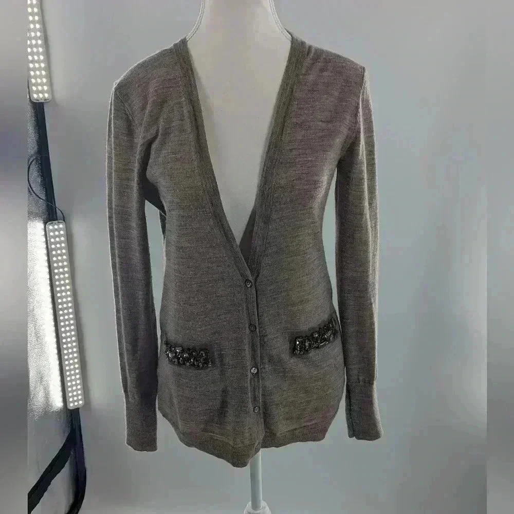 Ann Taylor Loft Tan Knit Jewel Embellished Cardigan Sweater Size Small Button